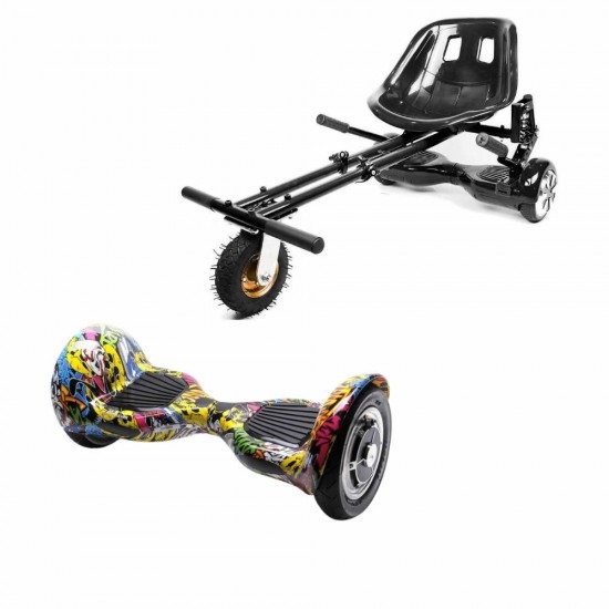 Pachet Hoverboard 10 inch cu Scaun cu Suspensii, Off-Road HipHop, Autonomie Extinsa si Hoverkart Negru cu Suspensii Duble, Smart Balance