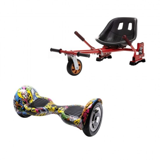 Set Hoverboard OffRoad cu Scaun, Hoverkart Rosu cu Suspensii Duble, Boxe Bluetooth, Lumini LED si Auto Balans, roti 10'', 15km Autonomie, Putere 700W, Baterie 4Ah Samsung Cell, Smart Balance OffRoad HipHop 