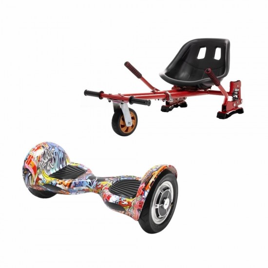 Set Hoverboard OffRoad cu Scaun, Hoverkart Rosu cu Suspensii Duble, Boxe Bluetooth, Lumini LED si Auto Balans, roti 10'', 15km Autonomie, Putere 700W, Baterie 4Ah Samsung Cell, Smart Balance OffRoad HipHop Orange 