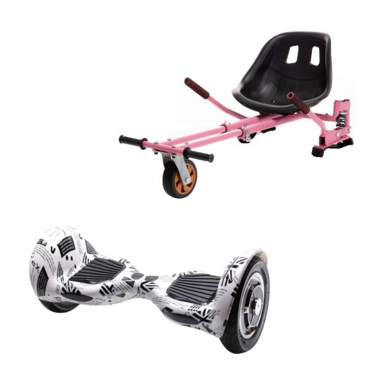 Set Hoverboard OffRoad cu Scaun, Hoverkart Roz cu Suspensii Duble, Boxe Bluetooth, Lumini LED si Auto Balans, roti 10'', 15km Autonomie, Putere 700W, Baterie 4Ah Samsung Cell, Smart Balance OffRoad NewsPaper