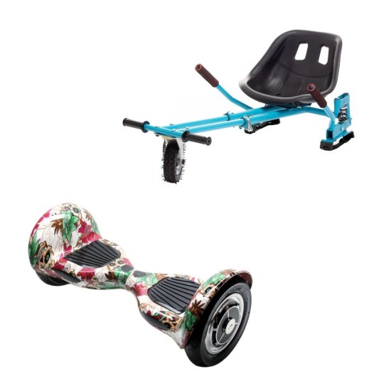 Set Hoverboard OffRoad cu Scaun, Hoverkart Albastru cu Suspensii Duble, Boxe Bluetooth, Lumini LED si Auto Balans, roti 10'', 15km Autonomie, Putere 700W, Baterie 4Ah Samsung Cell, Smart Balance OffRoad SkullColor