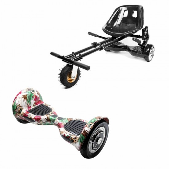 Set Hoverboard OffRoad cu Scaun, Hoverkart Negru cu Suspensii Duble, Boxe Bluetooth, Lumini LED si Auto Balans, roti 10'', 15km Autonomie, Putere 700W, Baterie 4Ah Samsung Cell, Smart Balance OffRoad SkullColor