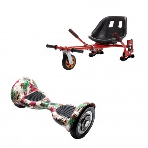 Set Hoverboard OffRoad cu Scaun, Hoverkart Rosu cu Suspensii Duble, Boxe Bluetooth, Lumini LED si Auto Balans, roti 10'', 15km Autonomie, Putere 700W, Baterie 4Ah Samsung Cell, Smart Balance OffRoad SkullColor