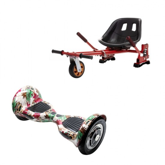 Set Hoverboard OffRoad cu Scaun, Hoverkart Rosu cu Suspensii Duble, Boxe Bluetooth, Lumini LED si Auto Balans, roti 10'', 15km Autonomie, Putere 700W, Baterie 4Ah Samsung Cell, Smart Balance OffRoad SkullColor