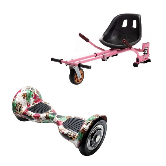 Set Hoverboard OffRoad cu Scaun, Hoverkart Roz cu Suspensii Duble, Boxe Bluetooth, Lumini LED si Auto Balans, roti 10'', 15km Autonomie, Putere 700W, Baterie 4Ah Samsung Cell, Smart Balance OffRoad SkullColor