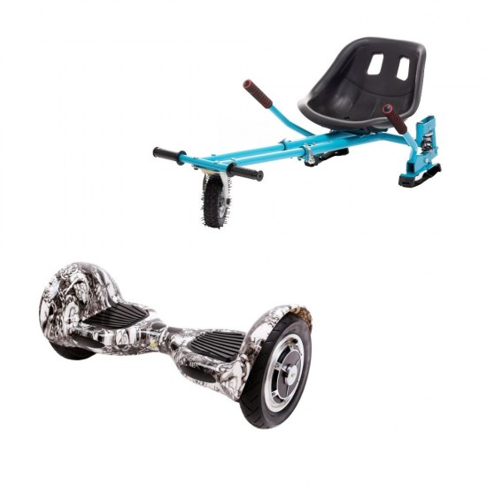 Set Hoverboard OffRoad cu Scaun, Hoverkart Albastru cu Suspensii Duble, Boxe Bluetooth, Lumini LED si Auto Balans, roti 10'', 15km Autonomie, Putere 700W, Baterie 4Ah Samsung Cell, Smart Balance OffRoad SkullHead