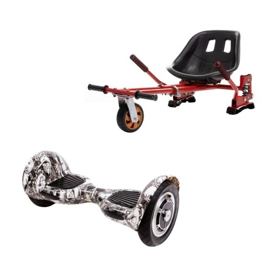 Set Hoverboard OffRoad cu Scaun, Hoverkart Rosu cu Suspensii Duble, Boxe Bluetooth, Lumini LED si Auto Balans, roti 10'', 15km Autonomie, Putere 700W, Baterie 4Ah Samsung Cell, Smart Balance OffRoad SkullHead