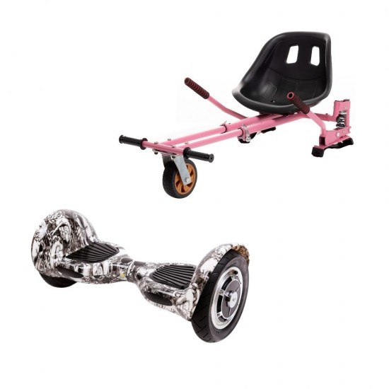 Set Hoverboard OffRoad cu Scaun, Hoverkart Roz cu Suspensii Duble, Boxe Bluetooth, Lumini LED si Auto Balans, roti 10'', 15km Autonomie, Putere 700W, Baterie 4Ah Samsung Cell, Smart Balance OffRoad SkullHead