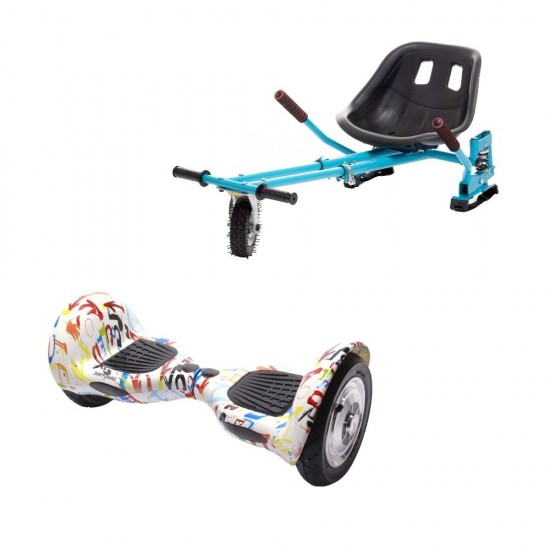 Set Hoverboard OffRoad cu Scaun, Hoverkart Albastru cu Suspensii Duble, Boxe Bluetooth, Lumini LED si Auto Balans, roti 10'', 15km Autonomie, Putere 700W, Baterie 4Ah Samsung Cell, Smart Balance OffRoad Splash