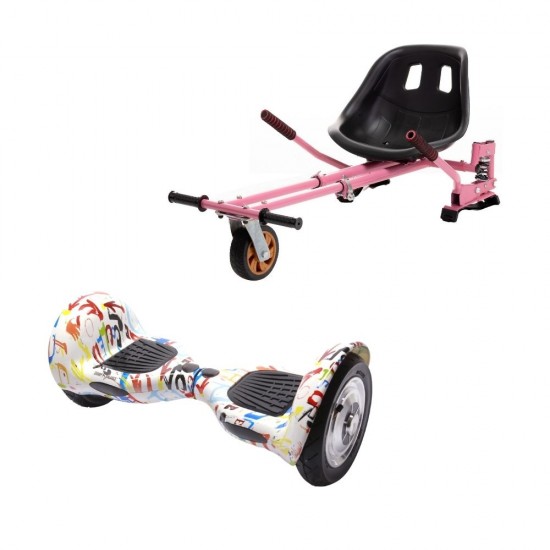 Set Hoverboard OffRoad cu Scaun, Hoverkart Roz cu Suspensii Duble, Boxe Bluetooth, Lumini LED si Auto Balans, roti 10'', 15km Autonomie, Putere 700W, Baterie 4Ah Samsung Cell, Smart Balance OffRoad Splash