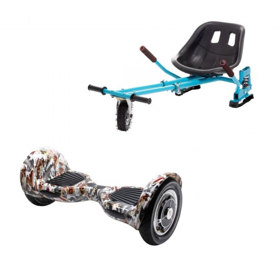 Set Hoverboard OffRoad cu Scaun, Hoverkart Albastru cu Suspensii Duble, Boxe Bluetooth, Lumini LED si Auto Balans, roti 10'', 15km Autonomie, Putere 700W, Baterie 4Ah Samsung Cell, Smart Balance OffRoad Tattoo