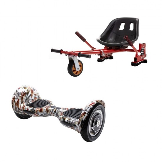 Set Hoverboard OffRoad cu Scaun, Hoverkart Rosu cu Suspensii Duble, Boxe Bluetooth, Lumini LED si Auto Balans, roti 10'', 15km Autonomie, Putere 700W, Baterie 4Ah Samsung Cell, Smart Balance OffRoad Tattoo