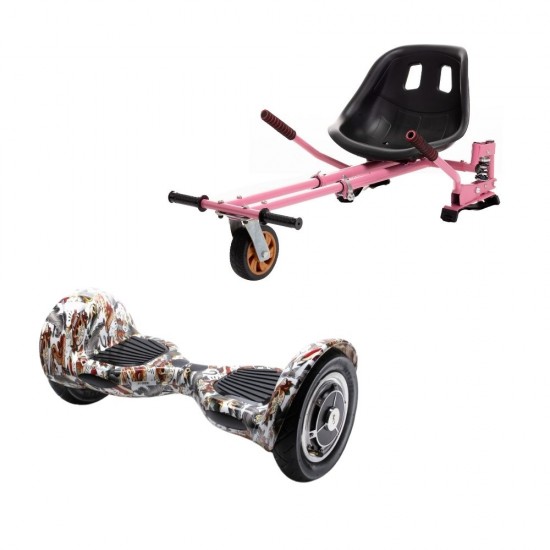 Set Hoverboard OffRoad cu Scaun, Hoverkart Roz cu Suspensii Duble, Boxe Bluetooth, Lumini LED si Auto Balans, roti 10'', 15km Autonomie, Putere 700W, Baterie 4Ah Samsung Cell, Smart Balance OffRoad Tattoo