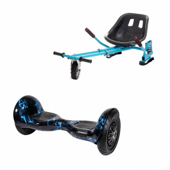 Set Hoverboard OffRoad cu Scaun, Hoverkart Albastru cu Suspensii Duble, Boxe Bluetooth, Lumini LED si Auto Balans, roti 10'', 15km Autonomie, Putere 700W, Baterie 4Ah Samsung Cell, Smart Balance OffRoad Thunderstorm