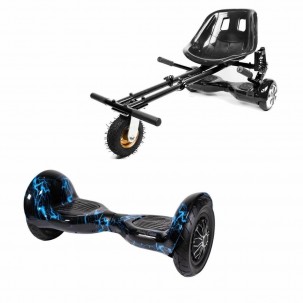 Set Hoverboard OffRoad cu Scaun, Hoverkart Negru cu Suspensii Duble, Boxe Bluetooth, Lumini LED si Auto Balans, roti 10'', 15km Autonomie, Putere 700W, Baterie 4Ah Samsung Cell, Smart Balance OffRoad Thunderstorm