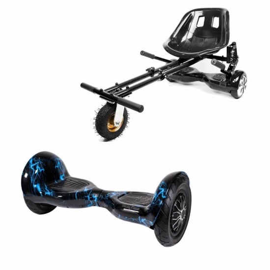 Pachet Hoverboard 10 inch cu Scaun cu Suspensii, Off-Road Thunderstorm Blue, Autonomie Extinsa si Hoverkart Negru cu Suspensii Duble, Smart Balance