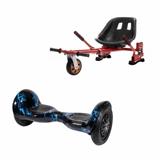 Set Hoverboard OffRoad cu Scaun, Hoverkart Rosu cu Suspensii Duble, Boxe Bluetooth, Lumini LED si Auto Balans, roti 10'', 15km Autonomie, Putere 700W, Baterie 4Ah Samsung Cell, Smart Balance OffRoad Thunderstorm