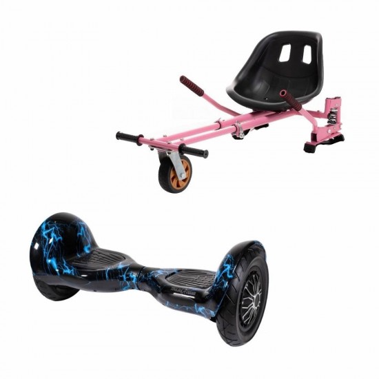 Set Hoverboard OffRoad cu Scaun, Hoverkart Roz cu Suspensii Duble, Boxe Bluetooth, Lumini LED si Auto Balans, roti 10'', 15km Autonomie, Putere 700W, Baterie 4Ah Samsung Cell, Smart Balance OffRoad Thunderstorm