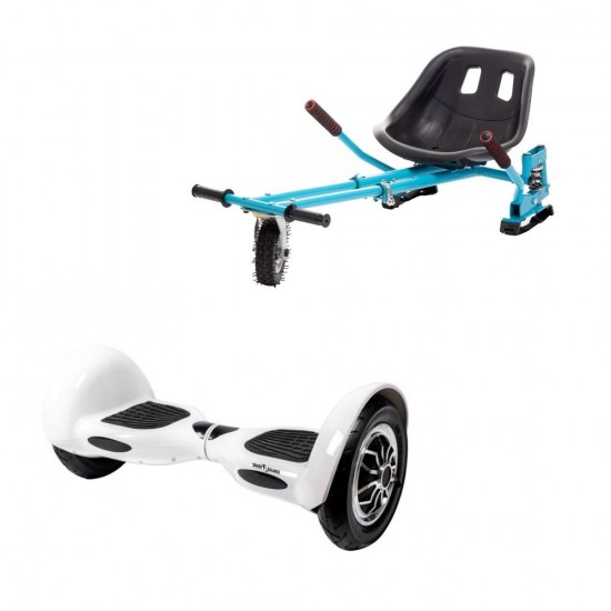 Set Hoverboard OffRoad cu Scaun, Hoverkart Albastru cu Suspensii Duble, Boxe Bluetooth, Lumini LED si Auto Balans, roti 10'', 15km Autonomie, Putere 700W, Baterie 4Ah Samsung Cell, Smart Balance OffRoad White