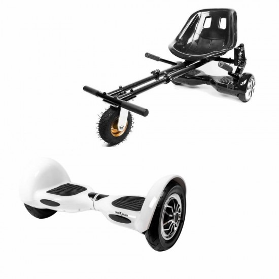 Pachet Hoverboard 10 inch cu Scaun cu Suspensii, Off-Road White, Autonomie Extinsa si Hoverkart Negru cu Suspensii Duble, Smart Balance