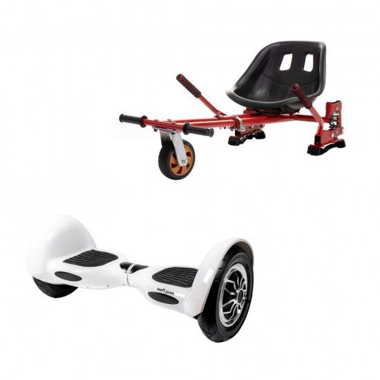 Set Hoverboard OffRoad cu Scaun, Hoverkart Rosu cu Suspensii Duble, Boxe Bluetooth, Lumini LED si Auto Balans, roti 10'', 15km Autonomie, Putere 700W, Baterie 4Ah Samsung Cell, Smart Balance OffRoad White