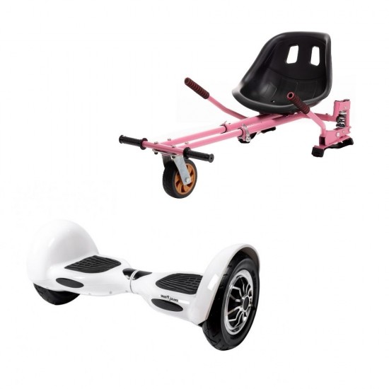 Set Hoverboard OffRoad cu Scaun, Hoverkart Roz cu Suspensii Duble, Boxe Bluetooth, Lumini LED si Auto Balans, roti 10'', 15km Autonomie, Putere 700W, Baterie 4Ah Samsung Cell, Smart Balance OffRoad White