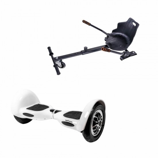 Set Hoverboard 10 inch cu Scaun Standard, Off-Road White, Autonomie Extinsa si Hoverkart Ergonomic Negru, Smart Balance