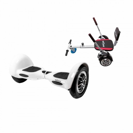 Set Hoverboard OffRoad cu Scaun, Hoverkart Confort, Boxe Bluetooth, Lumini LED si Auto Balans, roti 10'', 15km Autonomie, Putere 700W, Baterie 4Ah Samsung Cell, Smart Balance OffRoad White