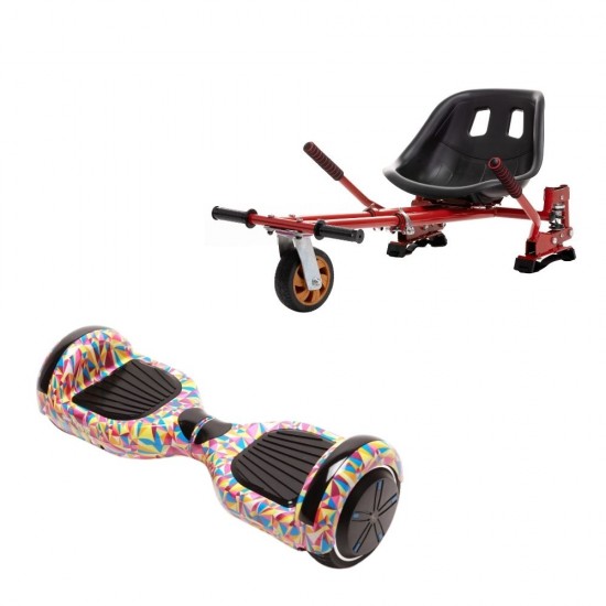 Set Hoverboard cu Scaun, Hoverkart Rosu cu Suspensii Duble, Boxe Bluetooth, Lumini LED si Auto Balans, roti 6.5'', 15km Autonomie, Putere 700W, Baterie 4Ah Samsung Cell, Smart Balance Regular Abstract