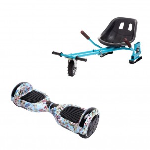 Set Hoverboard cu Scaun, Hoverkart Albastru cu Suspensii Duble, Boxe Bluetooth, Lumini LED si Auto Balans, roti 6.5'', 15km Autonomie, Putere 700W, Baterie 4Ah Samsung Cell, Smart Balance Regular Clown
