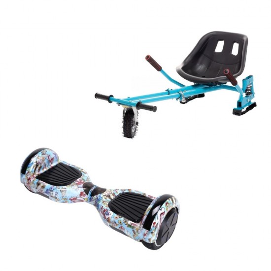 Set Hoverboard cu Scaun, Hoverkart Albastru cu Suspensii Duble, Boxe Bluetooth, Lumini LED si Auto Balans, roti 6.5'', 15km Autonomie, Putere 700W, Baterie 4Ah Samsung Cell, Smart Balance Regular Clown