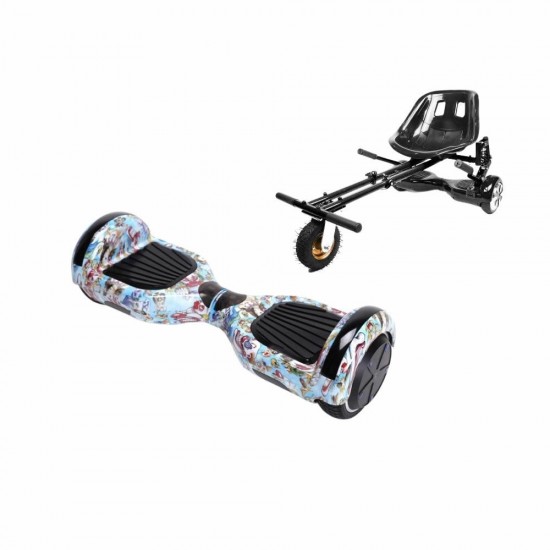 Set Hoverboard cu Scaun, Hoverkart Negru cu Suspensii Duble, Boxe Bluetooth, Lumini LED si Auto Balans, roti 6.5'', 15km Autonomie, Putere 700W, Baterie 4Ah Samsung Cell, Smart Balance Regular Clown