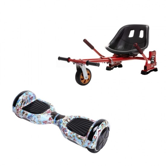 Set Hoverboard cu Scaun, Hoverkart Rosu cu Suspensii Duble, Boxe Bluetooth, Lumini LED si Auto Balans, roti 6.5'', 15km Autonomie, Putere 700W, Baterie 4Ah Samsung Cell, Smart Balance Regular Clown