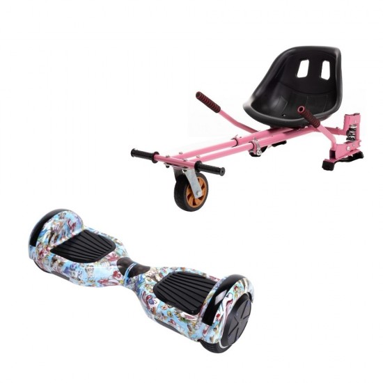 Set Hoverboard cu Scaun, Hoverkart Roz cu Suspensii Duble, Boxe Bluetooth, Lumini LED si Auto Balans, roti 6.5'', 15km Autonomie, Putere 700W, Baterie 4Ah Samsung Cell, Smart Balance Regular Clown