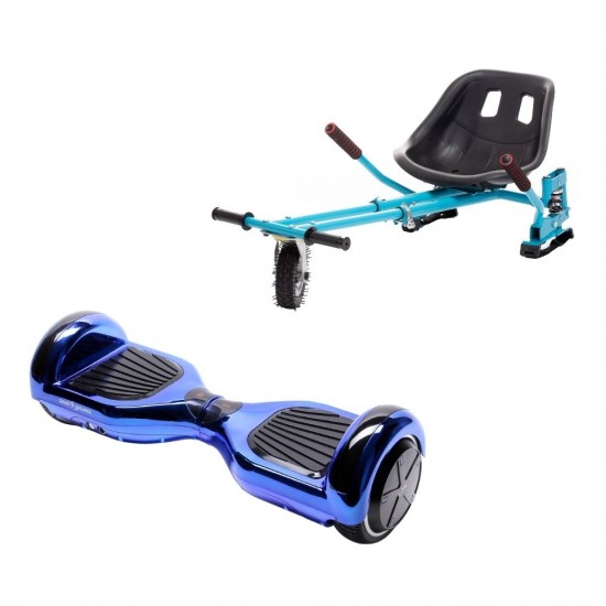 Set Hoverboard cu Scaun, Hoverkart Albastru cu Suspensii Duble, Boxe Bluetooth, Lumini LED si Auto Balans, roti 6.5'', 15km Autonomie, Putere 700W, Baterie 4Ah Samsung Cell, Smart Balance Regular ElectroBlue