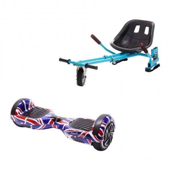 Set Hoverboard cu Scaun, Hoverkart Albastru cu Suspensii Duble, Boxe Bluetooth, Lumini LED si Auto Balans, roti 6.5'', 15km Autonomie, Putere 700W, Baterie 4Ah Samsung Cell, Smart Balance Regular England