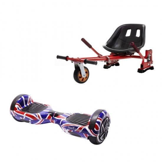 Set Hoverboard cu Scaun, Hoverkart Rosu cu Suspensii Duble, Boxe Bluetooth, Lumini LED si Auto Balans, roti 6.5'', 15km Autonomie, Putere 700W, Baterie 4Ah Samsung Cell, Smart Balance Regular England