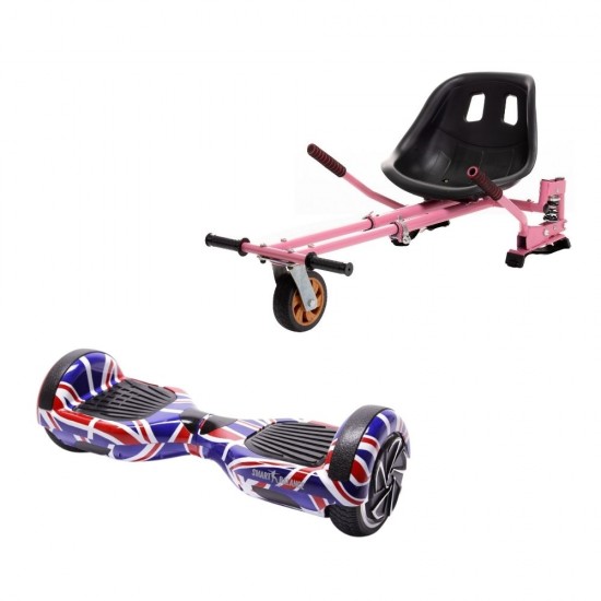 Set Hoverboard cu Scaun, Hoverkart Roz cu Suspensii Duble, Boxe Bluetooth, Lumini LED si Auto Balans, roti 6.5'', 15km Autonomie, Putere 700W, Baterie 4Ah Samsung Cell, Smart Balance Regular England