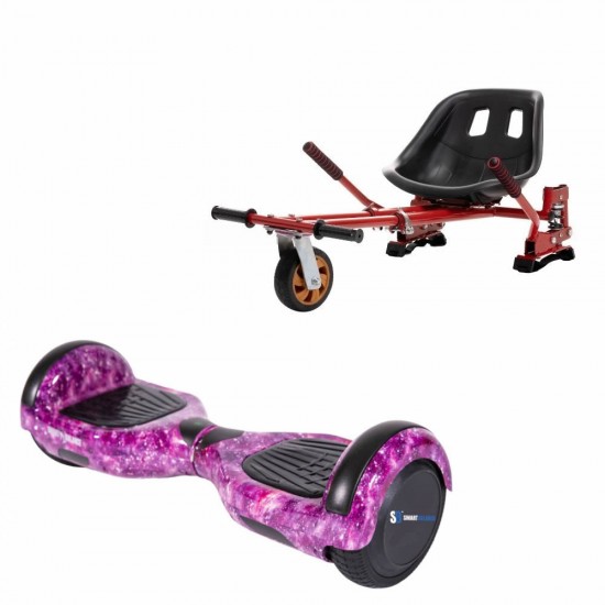 Set Hoverboard cu Scaun, Hoverkart Rosu cu Suspensii Duble, Boxe Bluetooth, Lumini LED si Auto Balans, roti 6.5'', 15km Autonomie, Putere 700W, Baterie 4Ah Samsung Cell, Smart Balance Regular Galaxy Pink