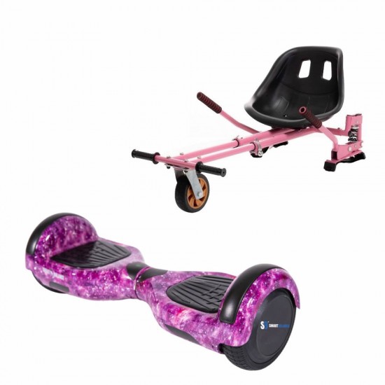 Set Hoverboard cu Scaun, Hoverkart Roz cu Suspensii Duble, Boxe Bluetooth, Lumini LED si Auto Balans, roti 6.5'', 15km Autonomie, Putere 700W, Baterie 4Ah Samsung Cell, Smart Balance Regular Galaxy Pink