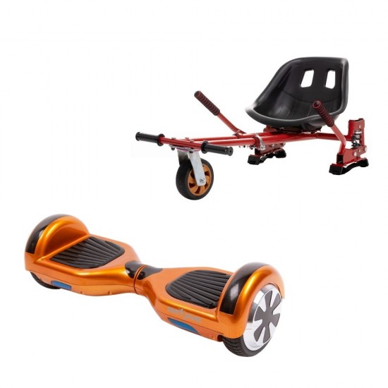 Set Hoverboard cu Scaun, Hoverkart Rosu cu Suspensii Duble, Boxe Bluetooth, Lumini LED si Auto Balans, roti 6.5'', 15km Autonomie, Putere 700W, Baterie 4Ah Samsung Cell, Smart Balance Regular Orange