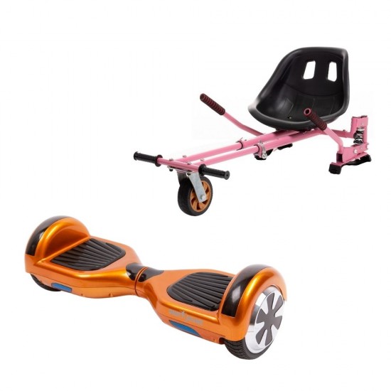 Set Hoverboard cu Scaun, Hoverkart Roz cu Suspensii Duble, Boxe Bluetooth, Lumini LED si Auto Balans, roti 6.5'', 15km Autonomie, Putere 700W, Baterie 4Ah Samsung Cell, Smart Balance Regular Orange