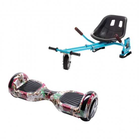 Set Hoverboard cu Scaun, Hoverkart Albastru cu Suspensii Duble, Boxe Bluetooth, Lumini LED si Auto Balans, roti 6.5'', 15km Autonomie, Putere 700W, Baterie 4Ah Samsung Cell, Smart Balance Regular SkullColor