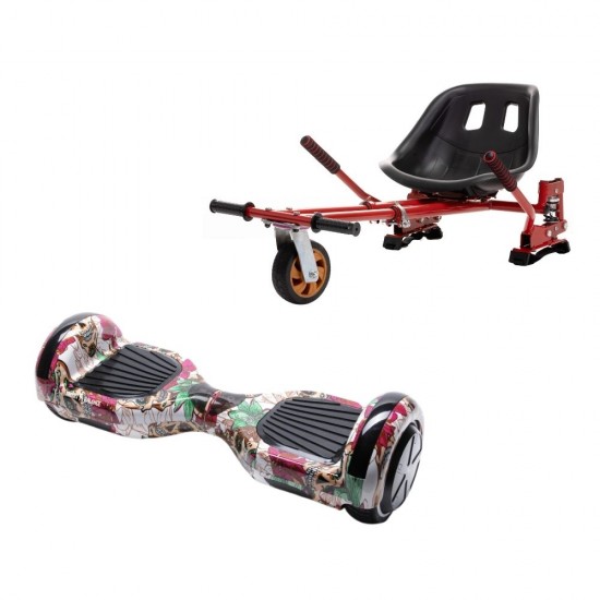 Set Hoverboard cu Scaun, Hoverkart Rosu cu Suspensii Duble, Boxe Bluetooth, Lumini LED si Auto Balans, roti 6.5'', 15km Autonomie, Putere 700W, Baterie 4Ah Samsung Cell, Smart Balance Regular SkullColor