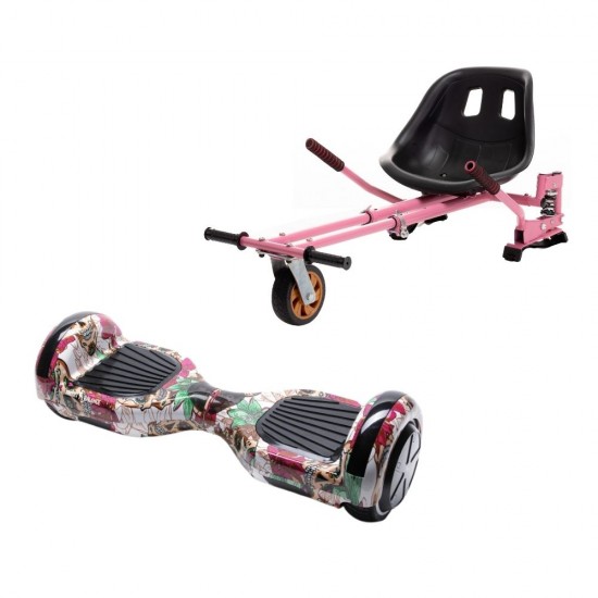 Set Hoverboard cu Scaun, Hoverkart Roz cu Suspensii Duble, Boxe Bluetooth, Lumini LED si Auto Balans, roti 6.5'', 15km Autonomie, Putere 700W, Baterie 4Ah Samsung Cell, Smart Balance Regular SkullColor