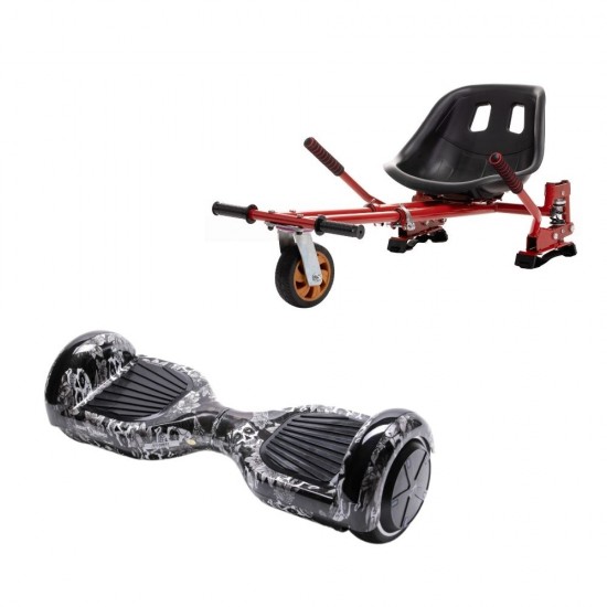 Set Hoverboard cu Scaun, Hoverkart Rosu cu Suspensii Duble, Boxe Bluetooth, Lumini LED si Auto Balans, roti 6.5'', 15km Autonomie, Putere 700W, Baterie 4Ah Samsung Cell, Smart Balance Regular SkullHead