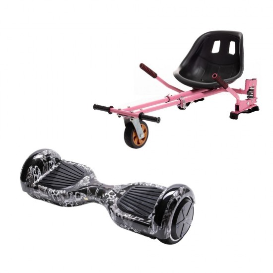 Set Hoverboard cu Scaun, Hoverkart Roz cu Suspensii Duble, Boxe Bluetooth, Lumini LED si Auto Balans, roti 6.5'', 15km Autonomie, Putere 700W, Baterie 4Ah Samsung Cell, Smart Balance Regular SkullHead