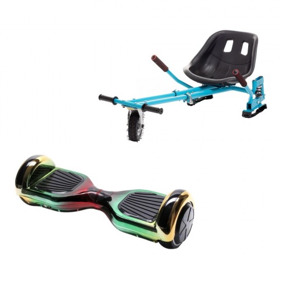 Set Hoverboard cu Scaun, Hoverkart Albastru cu Suspensii Duble, Boxe Bluetooth, Lumini LED si Auto Balans, roti 6.5'', 15km Autonomie, Putere 700W, Baterie 4Ah Samsung Cell, Smart Balance Regular California