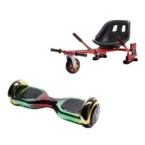 Set Hoverboard cu Scaun, Hoverkart Rosu cu Suspensii Duble, Boxe Bluetooth, Lumini LED si Auto Balans, roti 6.5'', 15km Autonomie, Putere 700W, Baterie 4Ah Samsung Cell, Smart Balance Regular California