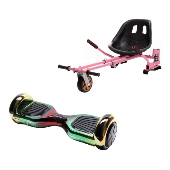 Set Hoverboard cu Scaun, Hoverkart Roz cu Suspensii Duble, Boxe Bluetooth, Lumini LED si Auto Balans, roti 6.5'', 15km Autonomie, Putere 700W, Baterie 4Ah Samsung Cell, Smart Balance Regular California